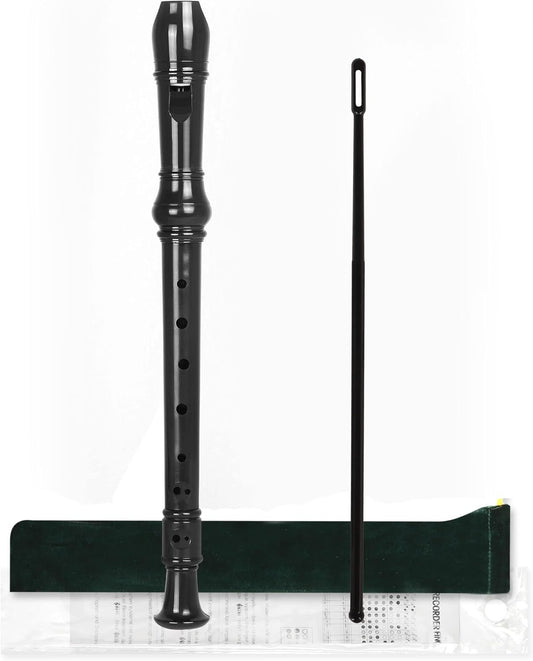 Mr.Power Soprano Recorder for Beginners School Students German Style C Key 8 Holes 3 Piece Instrument with Cleaning Rod, Thumb Rest, Fingering Chart, Packing Bag (Black)