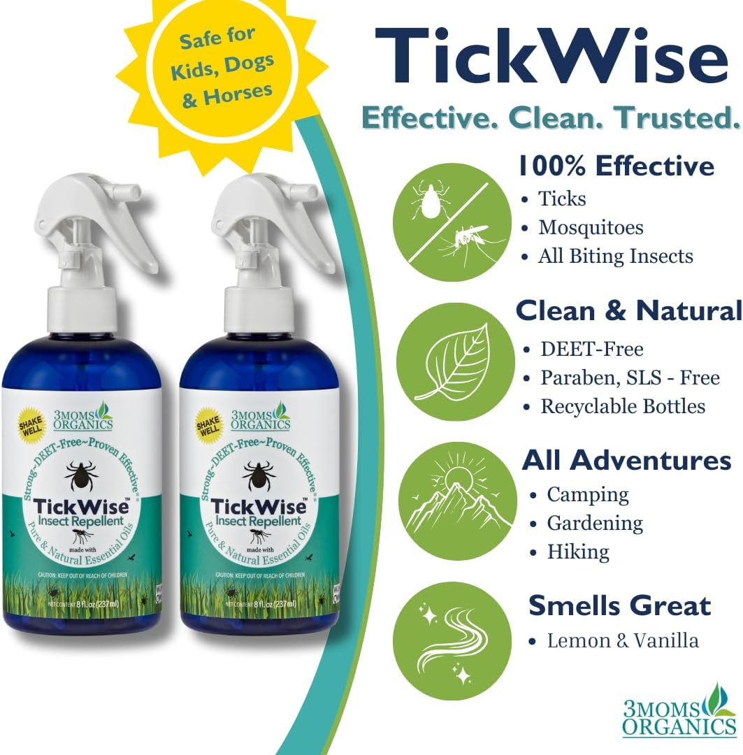 3 Moms Organics, TickWise 8oz Extra Strength Double Whammy 2-Pack - DEET- Free, Tick and Insect Repellent, Plant Based Essential Oils, All Natural Ingredients, Safe for Kids, Adults, Dogs & Horses