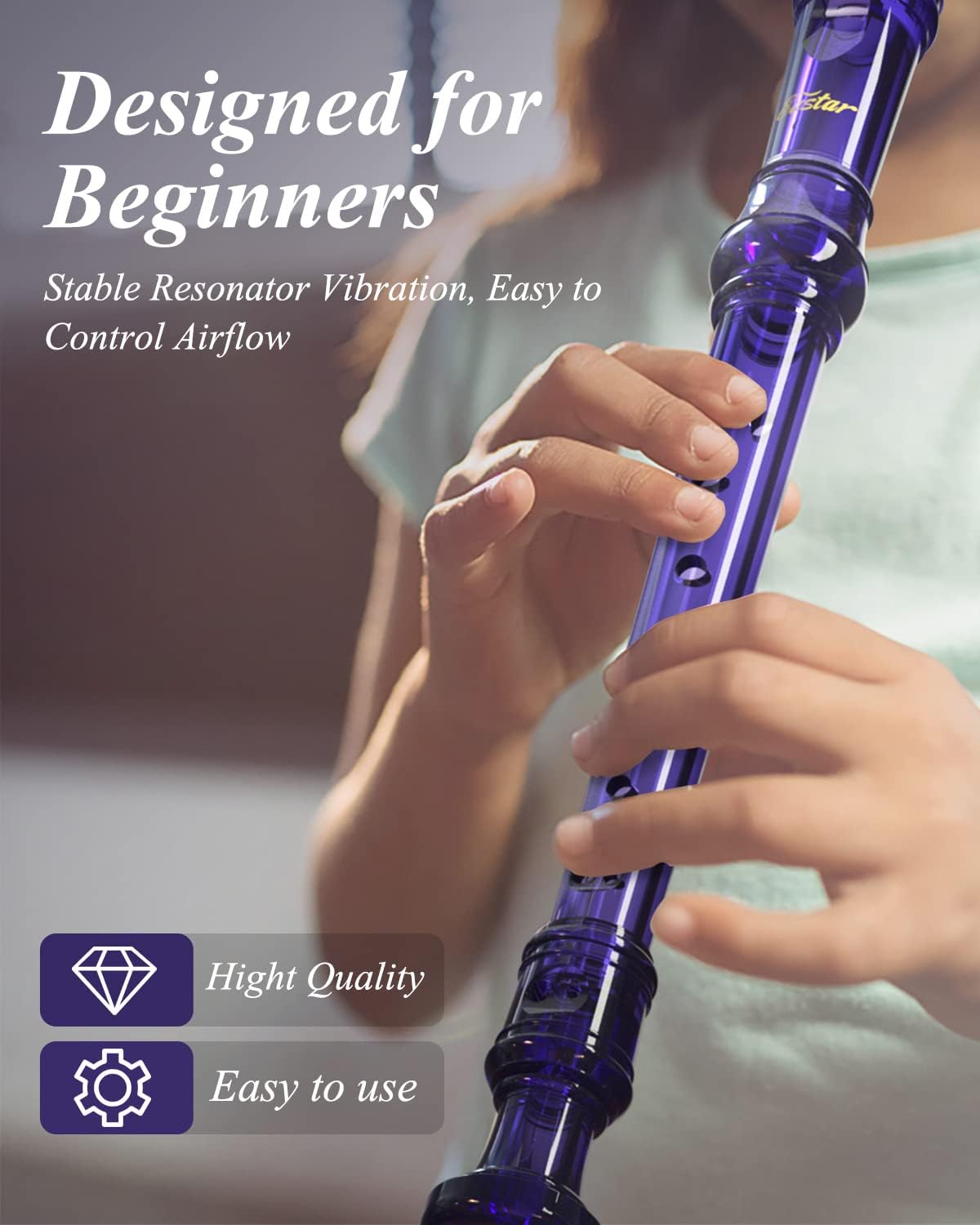 Eastar Soprano Recorder Instrument for Kids Students Beginners, German fingering C Key with Cleaning Kit, Storage Bag, Fingering Chart, ERS-1GPu, Purple, School-Approved