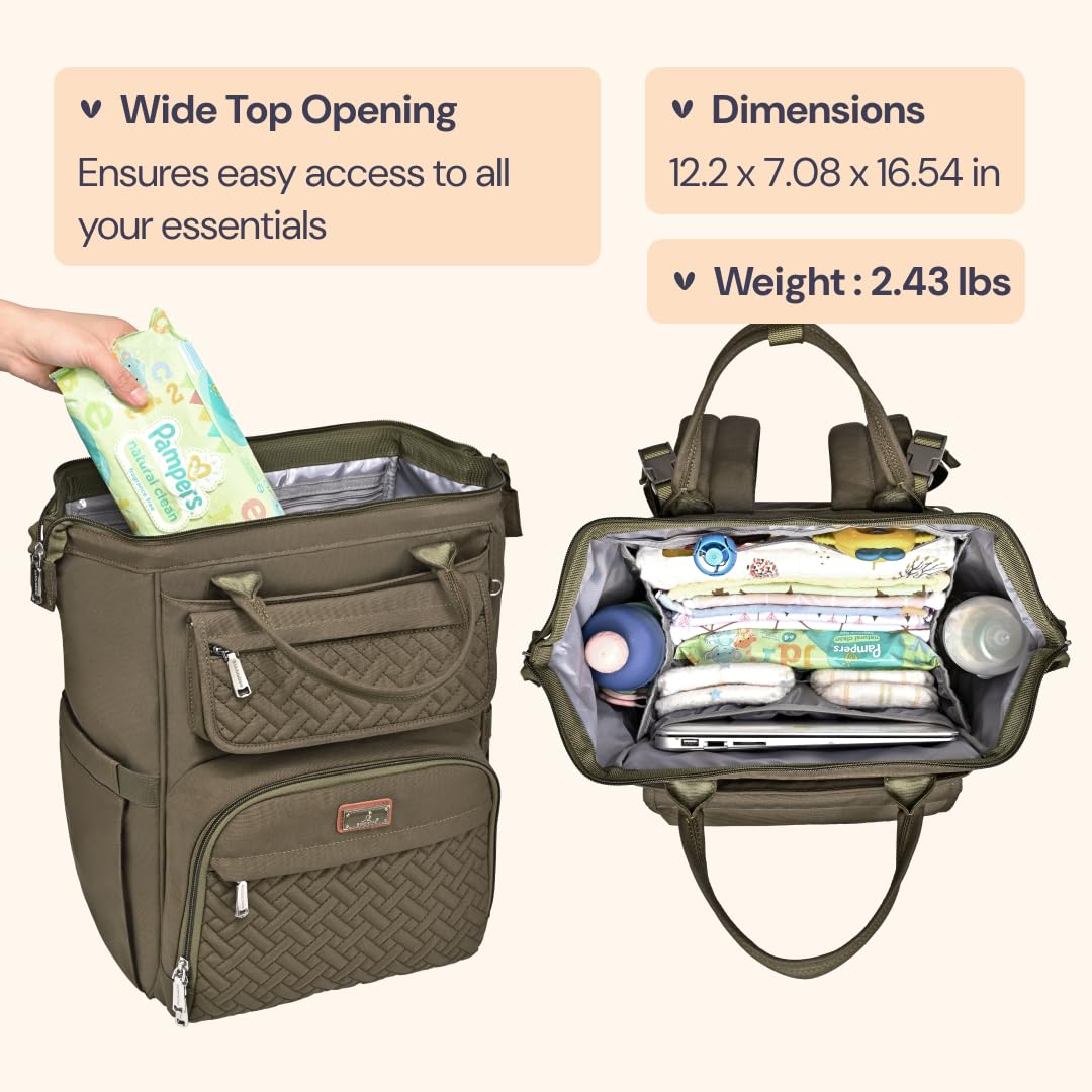 BabbleRoo Diaper Bag Backpack, Multifunction Nappy Changing Bag with Changing Pad, Stroller Straps & Pacifier Case, Unisex Stylish Travel Back Pack for Moms & Dads - Army Green
