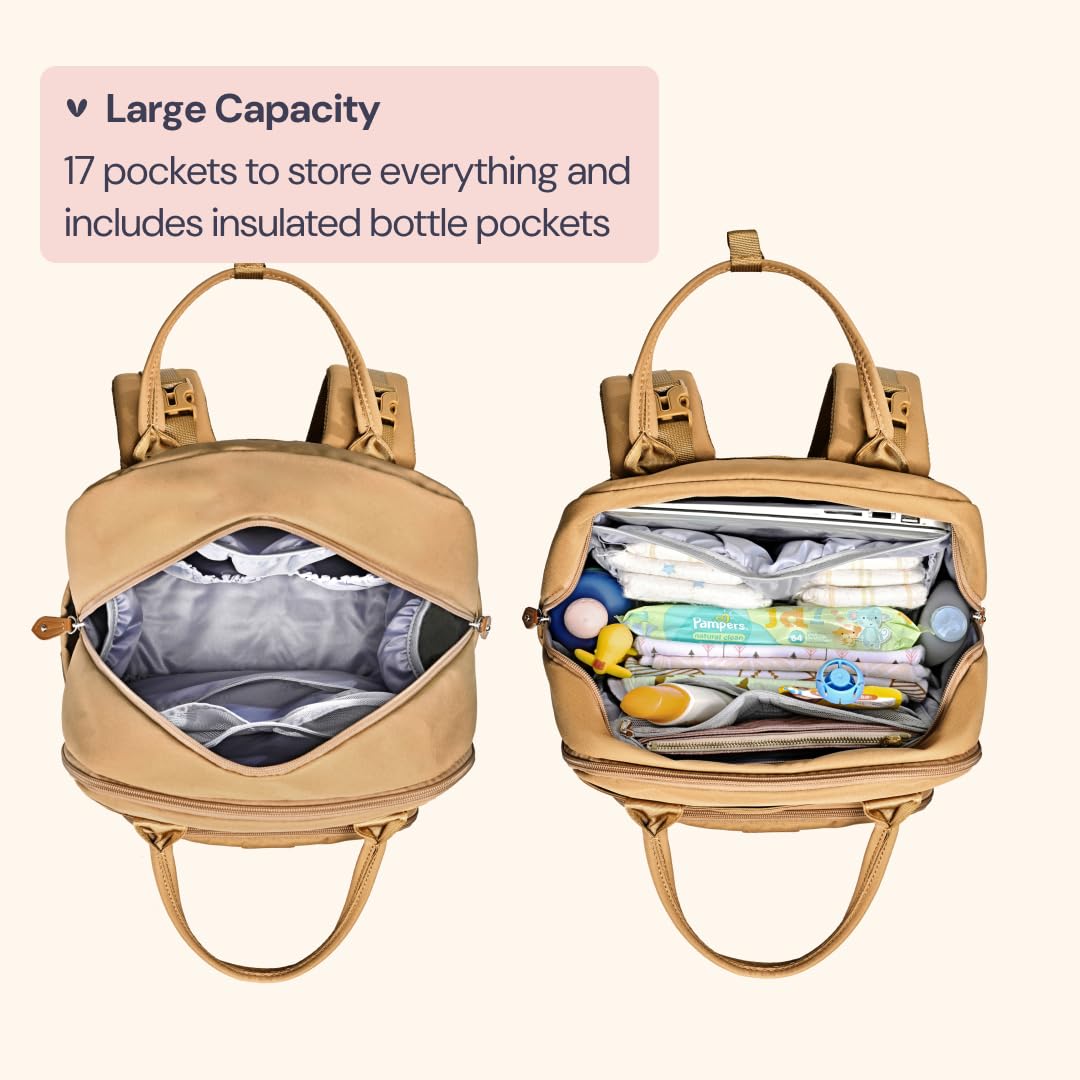 BabbleRoo Diaper Bag Backpack - Baby Essentials Travel Tote - Multi function Waterproof Diaper Bag, Travel Essentials Baby Bag with Changing Pad, Stroller Straps & Pacifier Case - Unisex, Beige