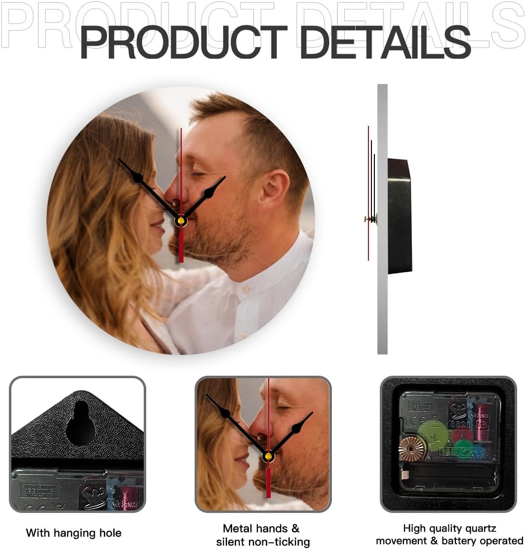 Generic Custom Clocks for Walls Personalized Picture Hanging Time Clocks That PVC Customized Round Silent Clock for Living Room Family Friends Gifts, 10inch-25cm