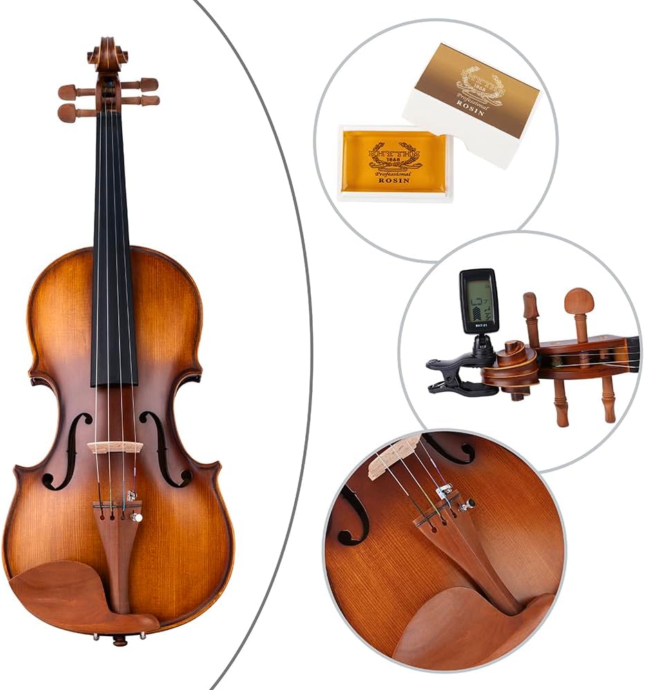 Rhythm Violin Set for Beginners,Acoustic Violins Starter Kit Package for Student,Beginners Fiddle with Hard Case, Rosin, Shoulder Rest, Bow, and Extra Strings (MATTE, Full)