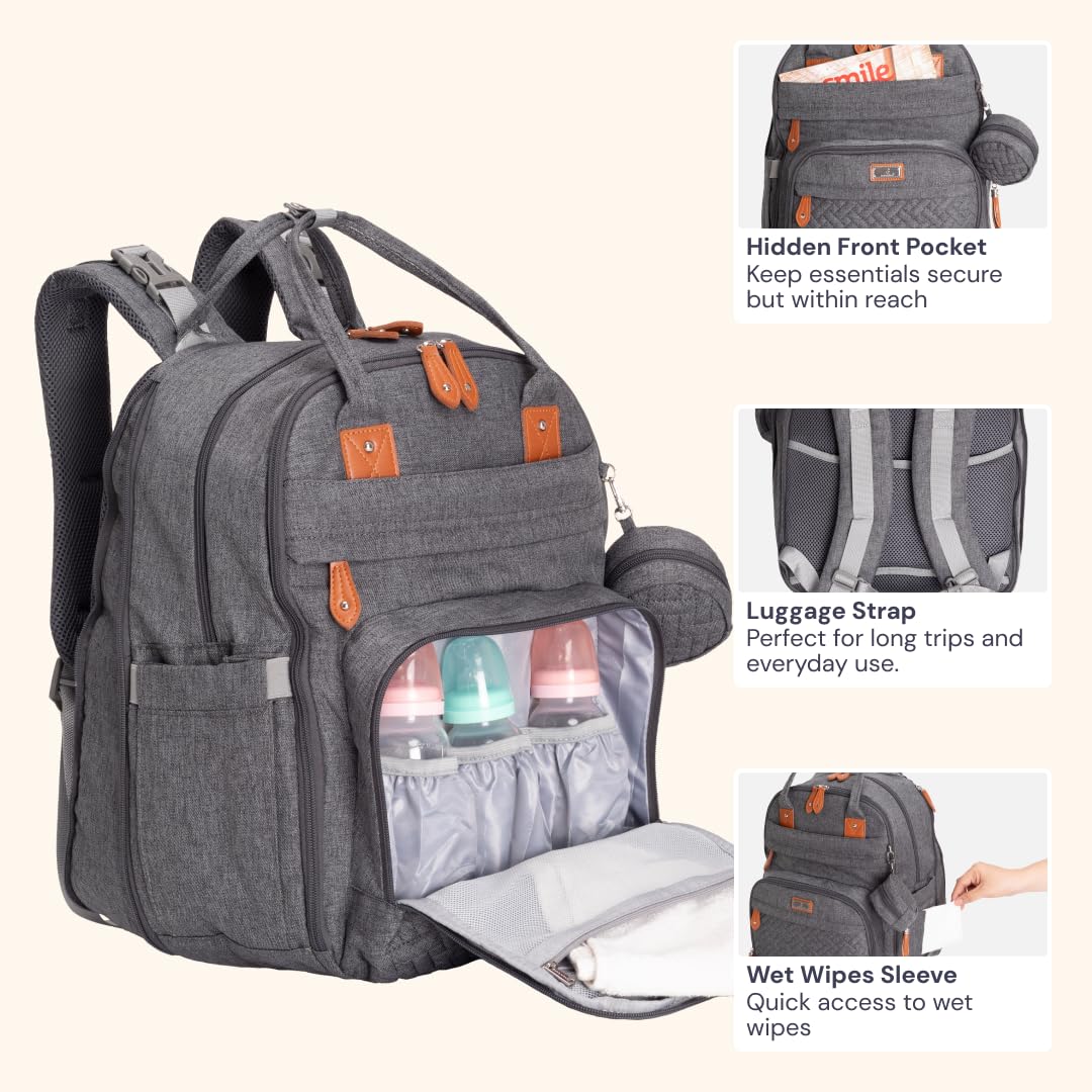 BabbleRoo Extra Large Diaper Bag Backpack, Expandable Baby Bag with Up to 50% More Capacity - Travel Essentials Baby Bag Tote with Changing Pad, Stroller Straps & Pacifier Case - Unisex, Dark Gray