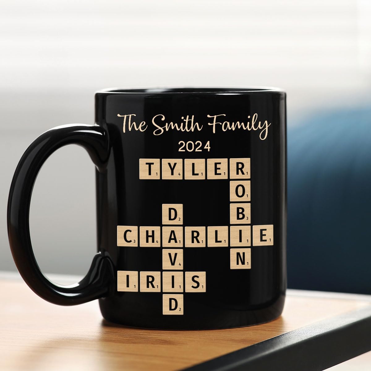 Family Forever Linked Together Custom Names Ceramic Mug, Crossword Puzzle Art, for Birthday, Anniversary or Special Occasions (Family Forever Linked Together Black Mug)