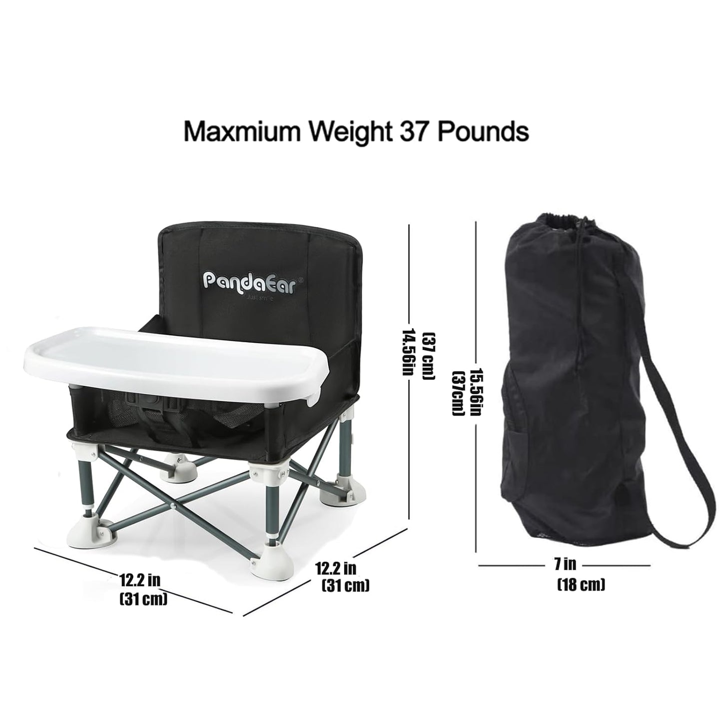 PandaEar Portable Baby Seat Travel| Compact Fold with Straps for Indoor/Outdoor Use| Great for Camping, Beach, Lawn |Toddlers, Kids, Boys, Girls (Black)