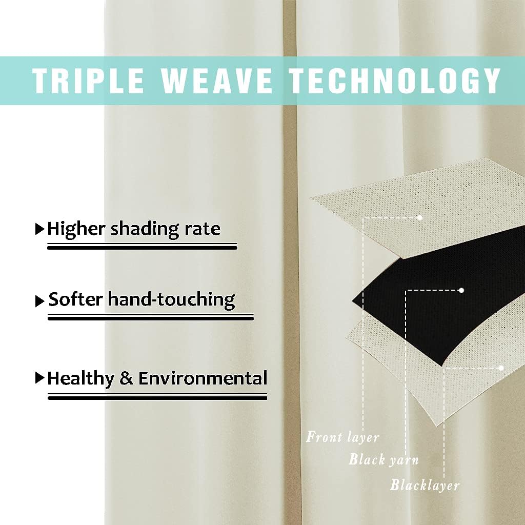 NICETOWN Living Room Completely Shaded Draperies, Privacy Protection & Noise Reducing Ring Top Drapes, Black Lined Insulated Window Treatment Curtain Panels (Beige, 2 Pieces, W62 x L95)