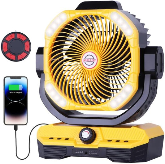 Battery Powered Fan Powerful Airflow Battery Operated Air Circulator Fan for Bedroom,Quiet & 360°Auto Oscillating Rechargeable Camping Fans with LED Light (RGBW) X66 Yellow