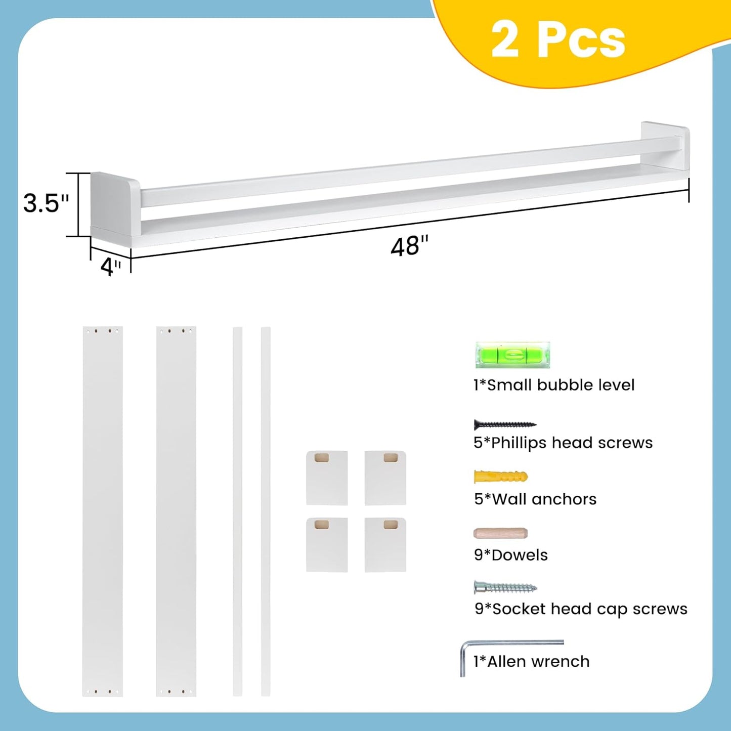 Fun Memories Nursery Book Shelves - Rustic Natural Solid Wood Floating Bookshelf for Kids - Wall Book Shelves for Kids Room (White, 48inch - 2P)