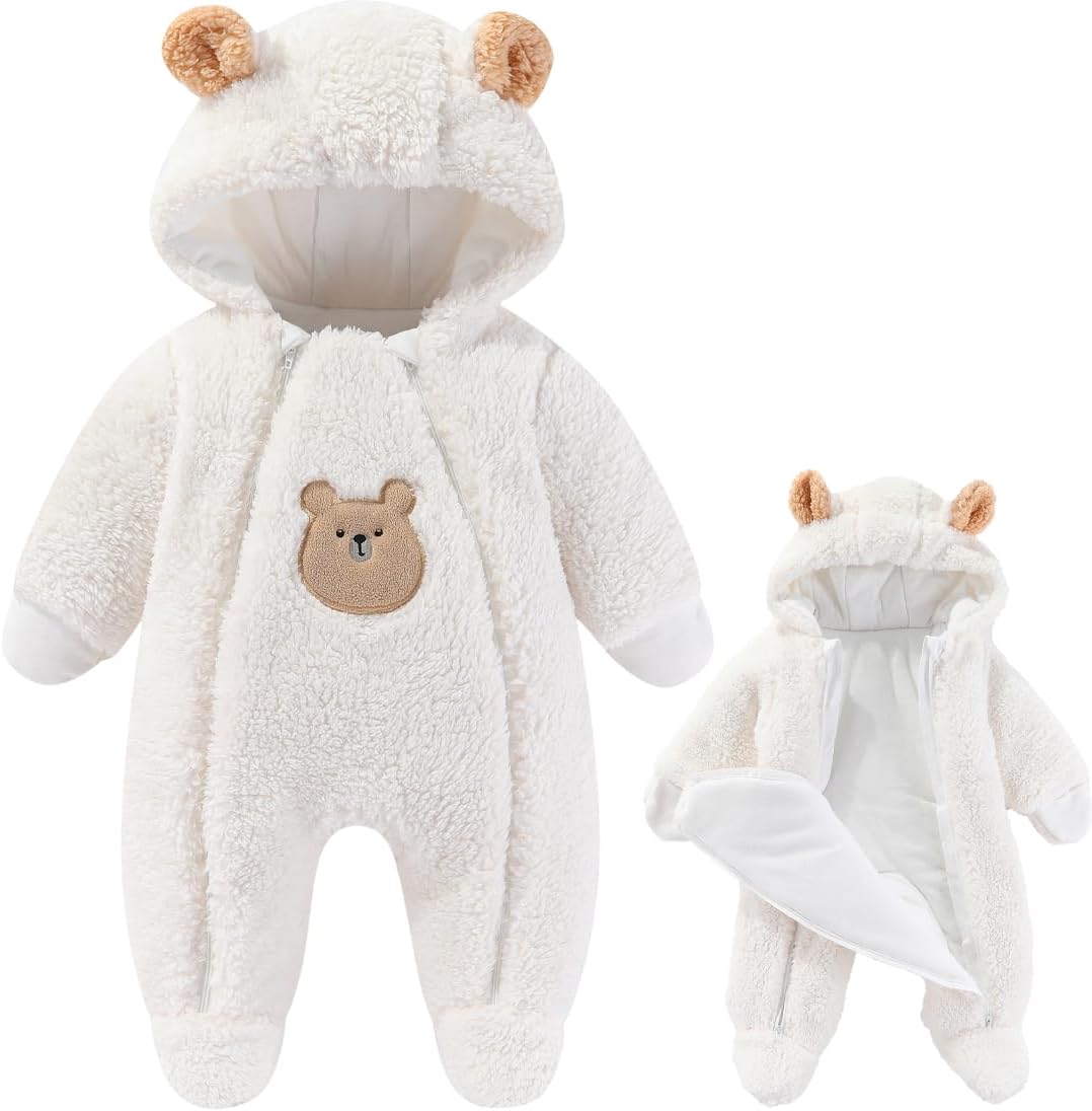 Fairy Baby Newborn Baby Winter Snowsuit Bear Thick Romper Footie Double Zip Hooded Jumpsuit Fleece Coat Infant Boy Girl 0-12M