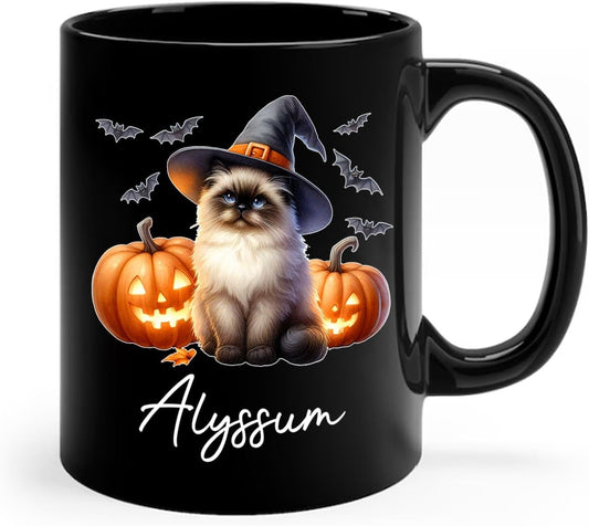 Customized Himalayan Wearing Witch Hat Mug with Name, Personalized Halloween Himalayan Ceramic Mug 11oz 15oz, Cat Pumpkins Black Coffee Cup, Halloween Cup Gift for Pet Lover Family Friend