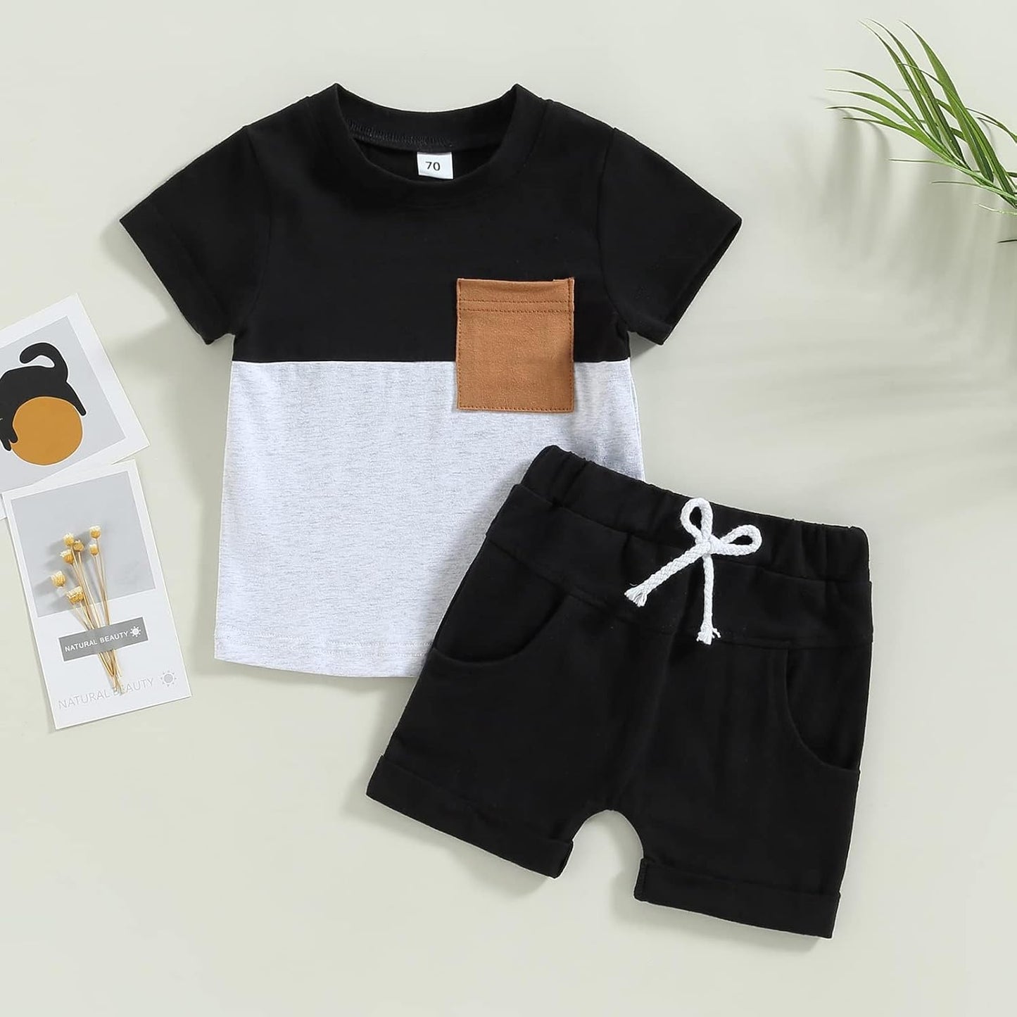 fhutpw Baby Toddler Boy Clothes Summer Outfits 6 12 18 24 Months Patchwork Short Sleeve T Shirt & Shorts Sets with Pockets