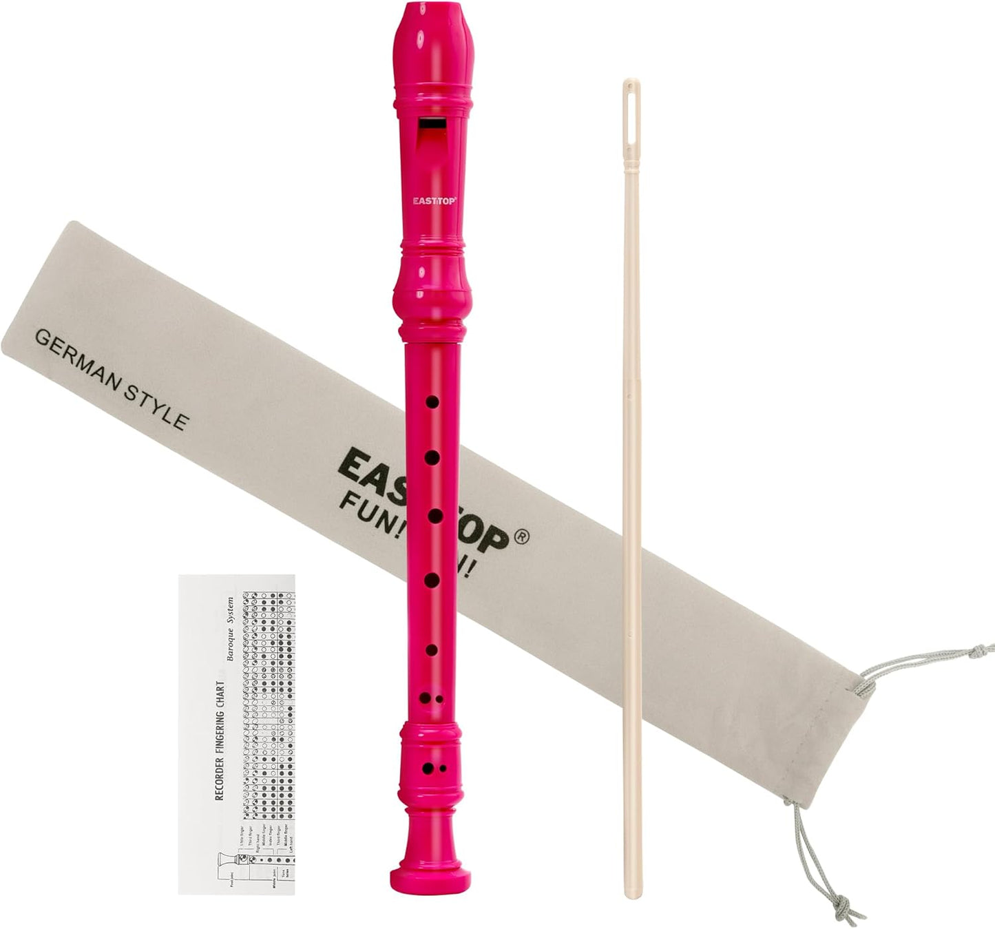 EAST TOP Soprano Recorder for Kids Beginners, 8 Hole Plastic German Fingering Flute Recorder 3 Piece with Cleaning stick, Cotton pouch, Fingering Chart, Colorful box (Hot Pink)