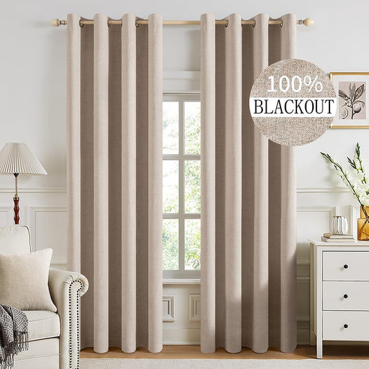 MIULEE 100% Blackout Linen Textured Curtains for Bedroom Solid Thermal Insulated Natural Beige Grommet Room Darkening Curtains & Drapes Luxury Decor for Living Room Nursery 52 x 92 Inch (2 Panels)
