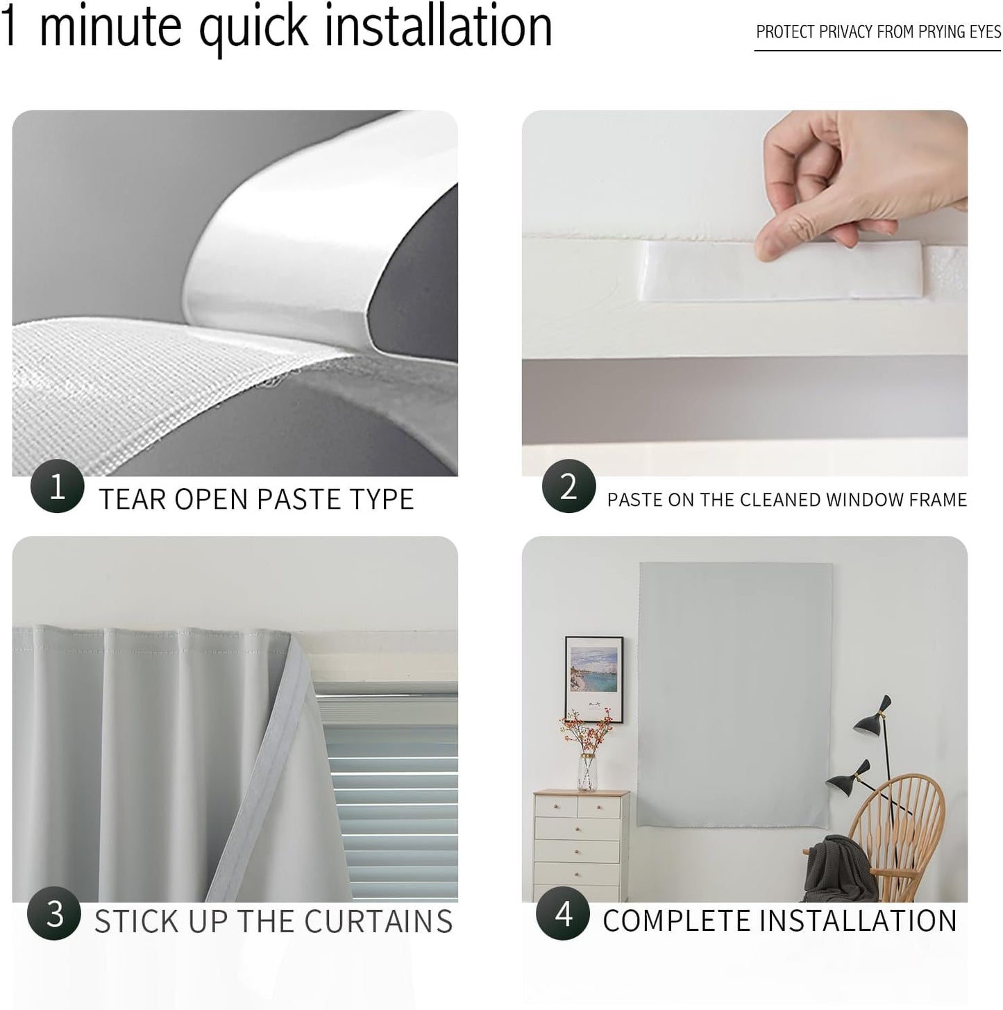 self Adhesive Curtains Portable Blackout Curtain Simple and Easy to Install Bedroom Window Thermal Lnsulated Kitchen Room Darkening Black Small Drapes, 47" W X 79" L, White, 1 Panel