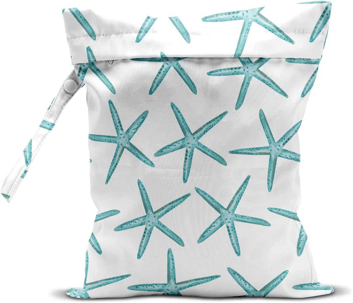 Wet Dry Bag for Swimsuit, Travel, Beach, Pool, Diapers, Dirty Yoga Gym Clothes, Makeup, Waterproof Reusable Beach Bag with Ocean Decor Starfish Sea Horse Anchor