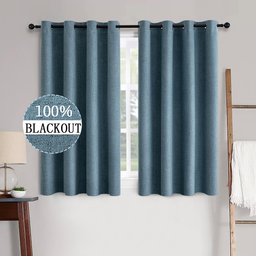 MIULEE Linen Texture Curtains for Bedroom Solid 100% Blackout Thermal Insulated Dusty Blue Curtains Grommet Room Darkening Drapes Luxury Decor for Living Room Nursery 52x45 Inch (2 Panels)