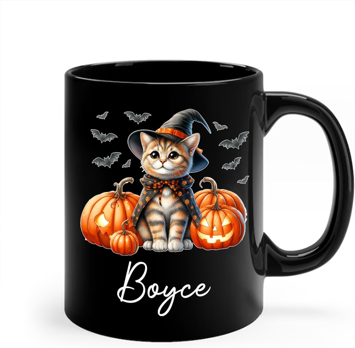 Personalized Ocicat with Pumpkins Halloween Ceramic Cups, Ocicat Wearing Witch Hat Coffee Mug 11oz 15oz, Customized Cat Black Mug with Pet's Name, Halloween Cup Gift for Cat Dad Mom Pet Lover