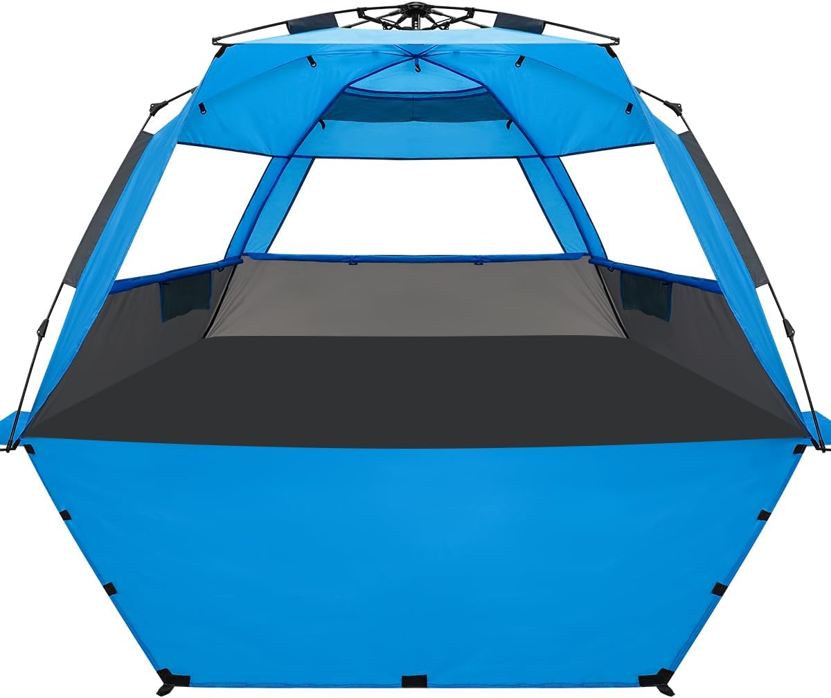 WhiteFang Deluxe Pop Up Beach Tent Sun Shade Shelter for 3-4/5-6 Person, UV Protection, Extendable Floor with 3 Ventilating Windows Plus Carrying Bag, Stakes, and Guy Lines