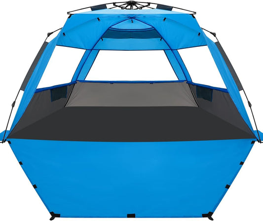 WhiteFang Deluxe Pop Up Beach Tent Sun Shade Shelter for 3-4/5-6 Person, UV Protection, Extendable Floor with 3 Ventilating Windows Plus Carrying Bag, Stakes, and Guy Lines