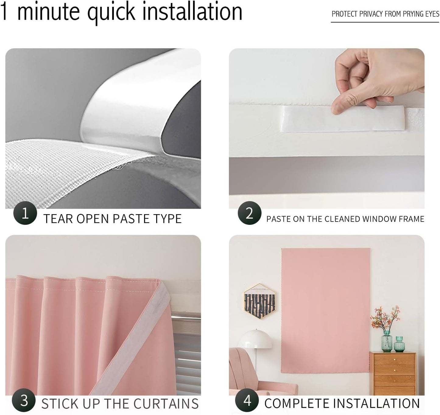 Self Adhesive Blackout Curtains- Stick on Curtains Shades Window Blinds Curtains No Rod Needed Easy to Hang Curtain, Use for Bedroom, Living Room,Roman Shades, 35" W X 79" L, Pink, 1 Panel