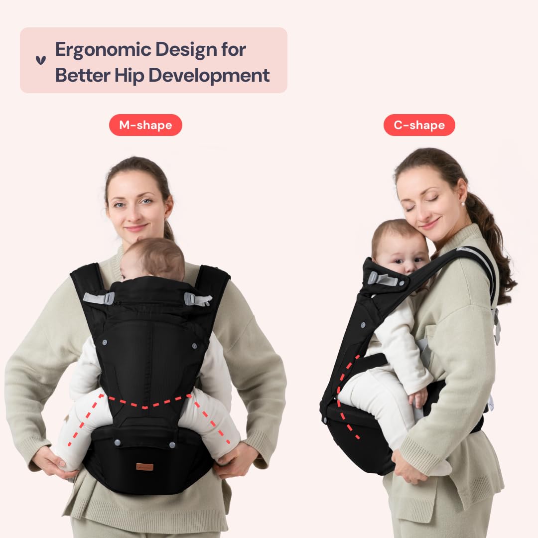BabbleRoo Grow Carrier – Safety-Certified 6-in-1 Baby Carrier with Hip Seat, Ergonomic & Adjustable Toddler Carrier 7-50 lbs with Hip Support, Hood for Sun Protection, Newborn to Toddler, Black