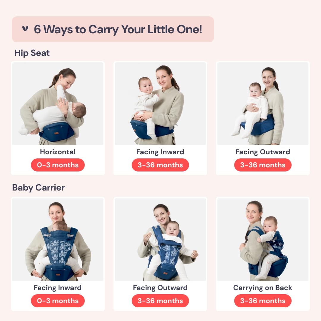 BabbleRoo Grow Carrier – Safety-Certified 6-in-1 Baby Carrier with Hip Seat, Ergonomic & Adjustable Toddler Carrier 7-50 lbs with Hip Support, Hood for Sun Protection, Newborn to Toddler, Denim Leaves