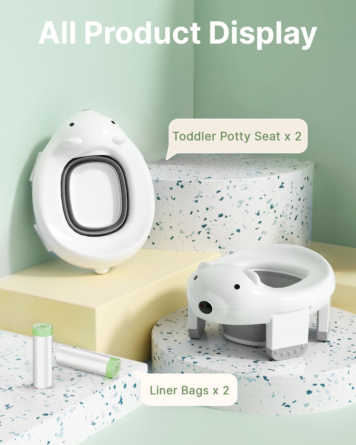 2 Pack Portable Potty Seat, 2 in 1 Travel Potty Seat for Toddlers with Liner Bags, Safety Locks and Polar Bear Design, 12 Months+(2 Pack)