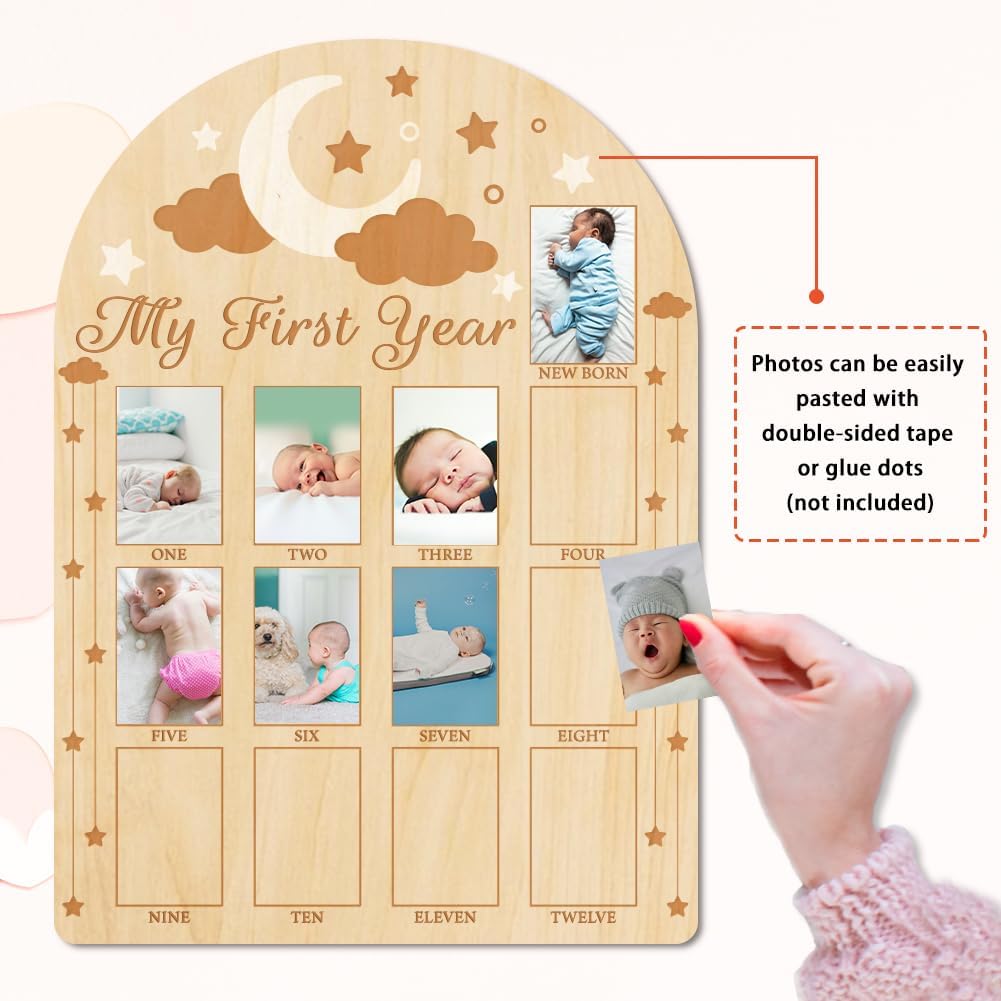 ORIGACH My First Year Baby Growth Photo Display Wood Board - 12 Months Newborn Milestones Photo Board - Neutral Baby Keepsake Frame 1st Birthday Party Nursery Decor New Mom Gift - Moon Star & Cloud