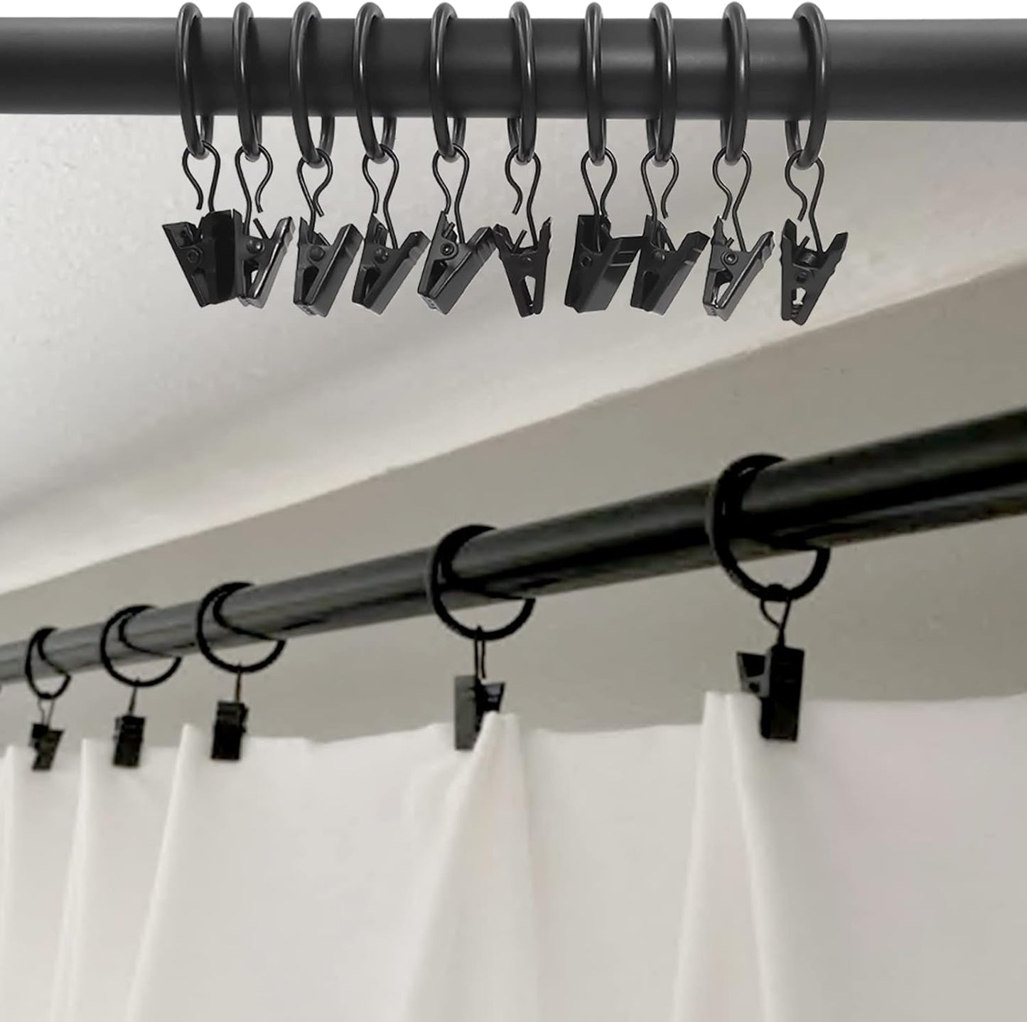 100 Pack Black Curtain Rings with Clips, Curtain Hooks Hangers Clip Rings for Hanging Drapes Bows Hat, Drapery Rings 1 in I D, Fits up to 5/8 in Diameter Curtain Rod.