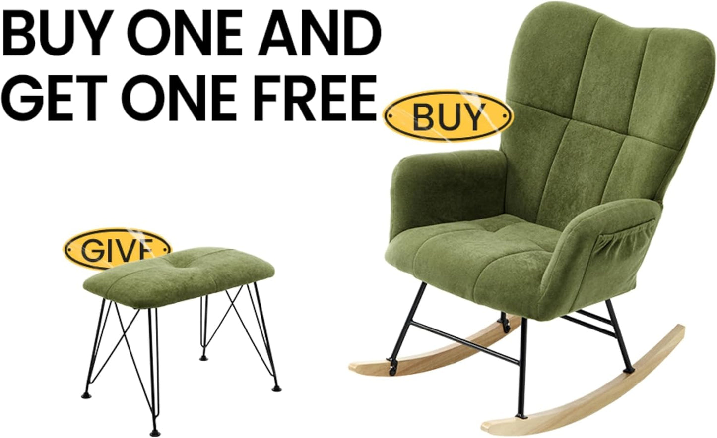 KEEZY Nursery Rocking Chair with Stool Upholstered Glider Rocker Rocking Accent Chair Padded Seat with High Backrest Armchair Comfy Side Chair for Living Room Bedroom Offices (Green)