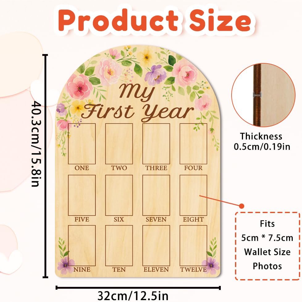 ORIGACH My First Year Baby Growth Photo Display Wood Board - 12 Months Newborn Milestones Photo Board - Neutral Baby Keepsake Board 1st Birthday Party Nursery Decor New Mom Gift - Flower