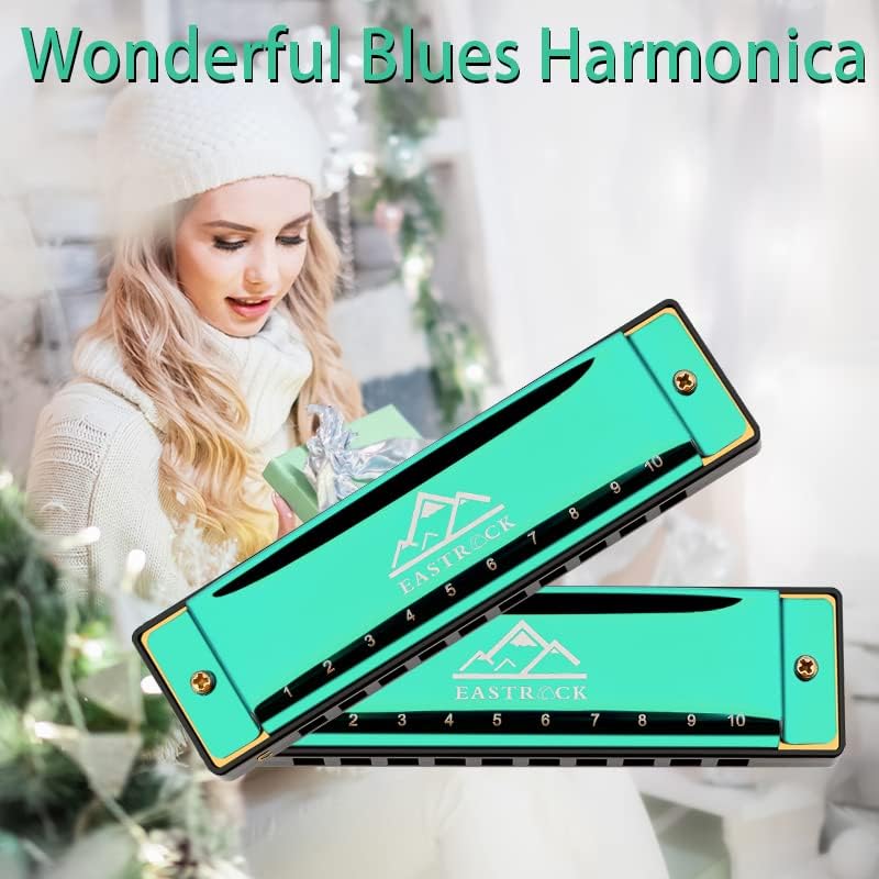 EastRock Blues Harmonica Mouth Organ 10 Hole C Key with Case, Diatonic Harmonica for Professional Player, Beginner, Students gifts, Adult, Friends, Gift