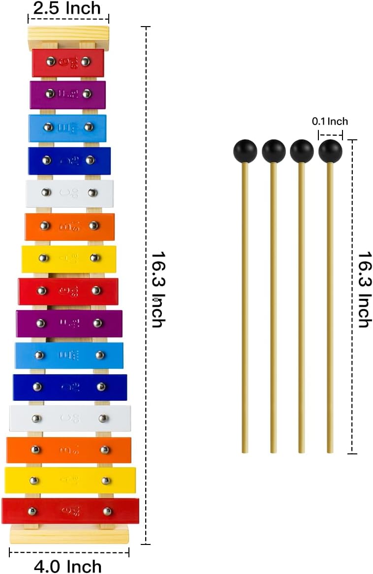 15 Tone Natural Wooden Xylophone Glockenspiel for Kids Toddler with Multi-Colored Metal Bars, Music Instrument for Preschool Educational Learning Toys for Children Boys Girls