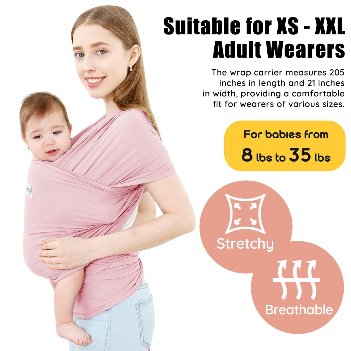 Acrabros Baby Wrap Carrier,Hands Free Baby Carrier Sling,Lightweight,Breathable,Softness,Perfect for Newborn Infants and Babies Shower Gift,Pink