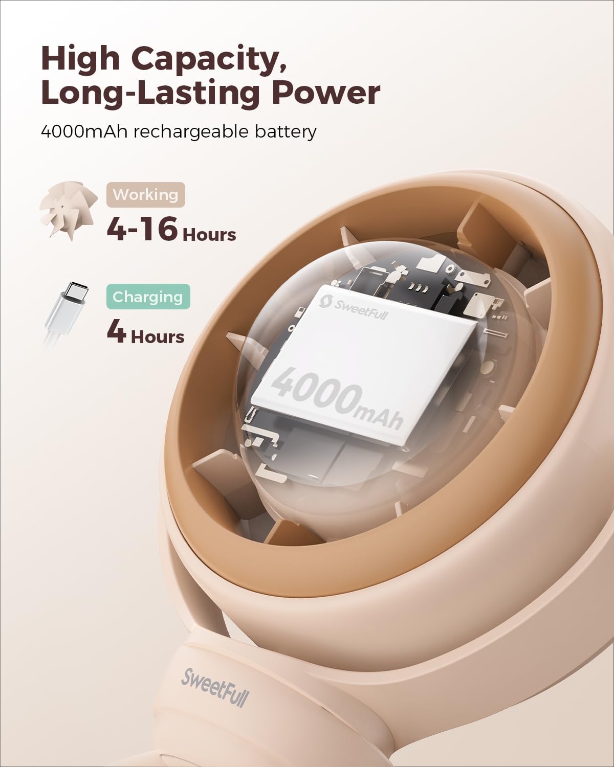 SWEETFULL Baby Stroller Fan - 4000mAh Rechargeable 4-Speed Quiet with LED Display & Night Light, Mini Portable 360° Clip On Safe Fan for Car Seat, Crib, Travel - Brown