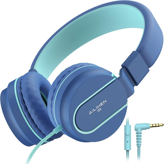 AILIHEN Kids Headphones, I35 On-Ear Headphones for School, Safe Volume 93dB, HD Mic Stereo Headphone for Kid Girls Boys, Foldable 3.5mm Wired for Chromebook, Laptop, Computer, Tablet (Blue)