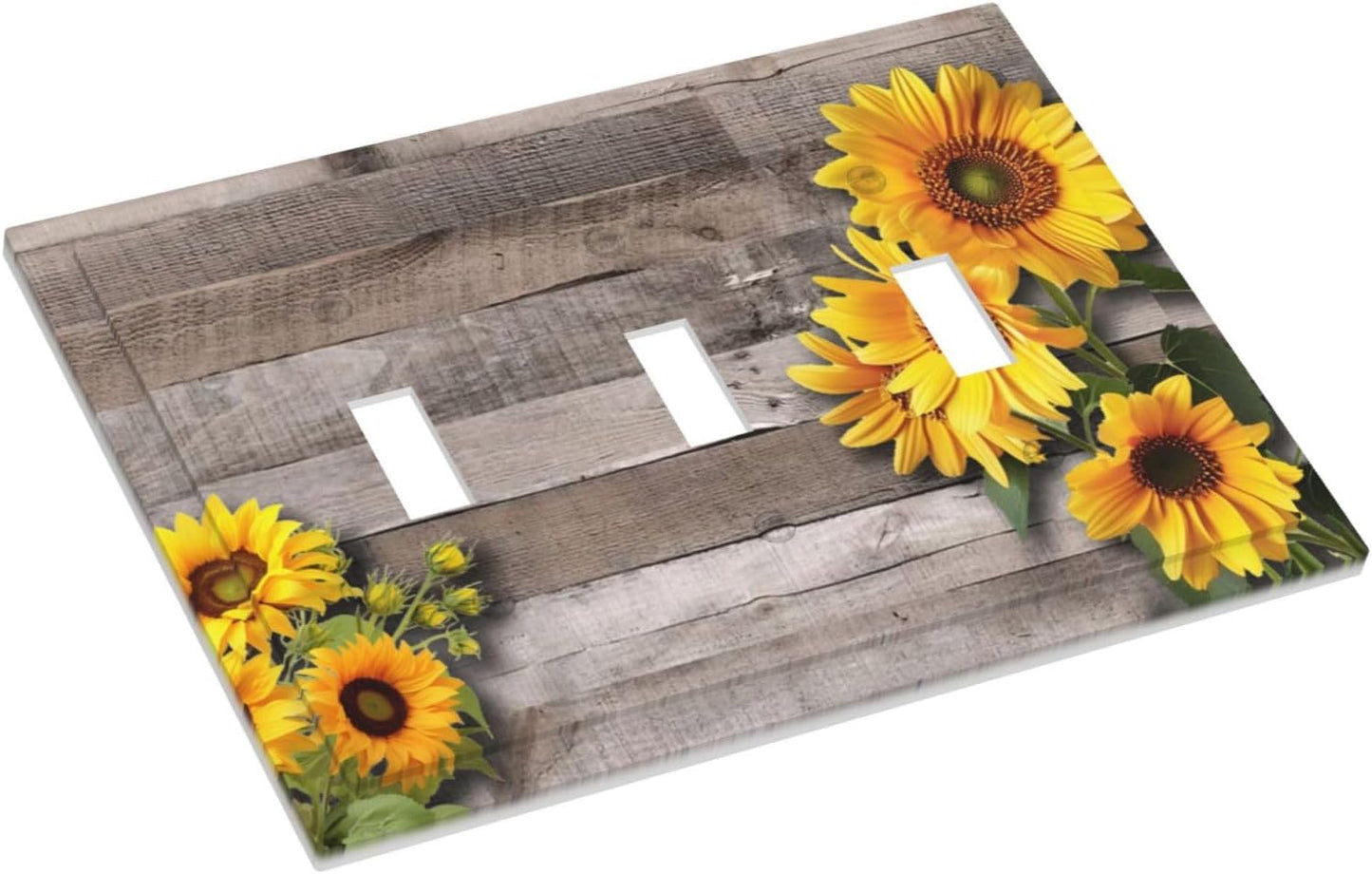 Sunflower Rustic Brown Gray Wood Decorative Switch Plates 3 Gang Wall Plate Triple Toggle Light Switch Cover Faceplate Electrical Wall Panels for Farmhouse Home Decor