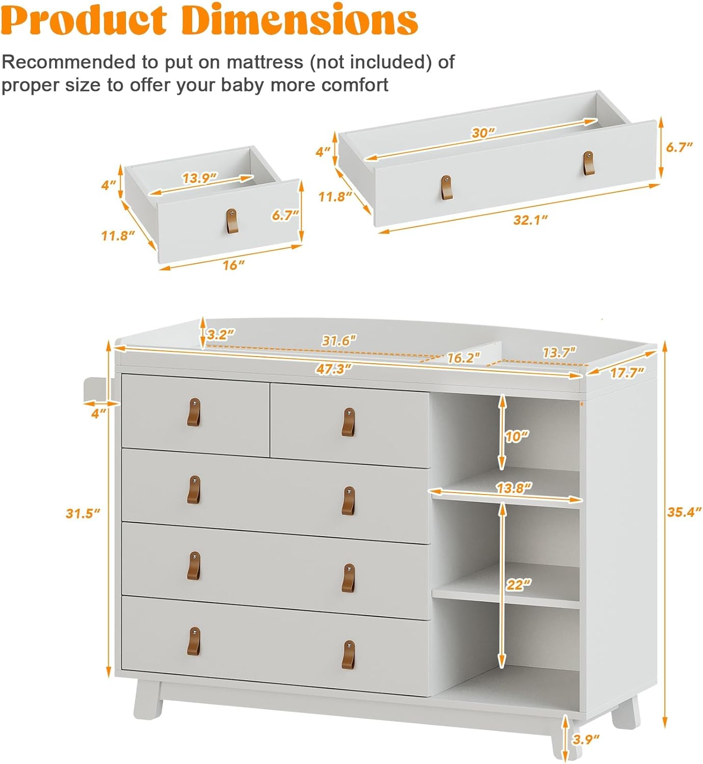 Baby Dresser with Changing Table Top, Baby Changing Table Dresser with 5 Drawers and Adjustable Shelves, Multi-Functional Diaper Changing Station, Nursery Organizer for Kids Bedroom, White