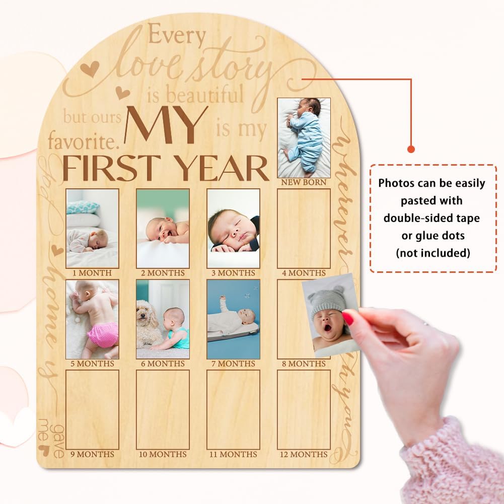 ORIGACH My First Year Baby Growth Photo Display Wood Board - 12 Months Newborn Milestones Photo Board - Neutral Baby Keepsake Board 1st Birthday Party Nursery Decor New Mom Gift - Sentiment Words