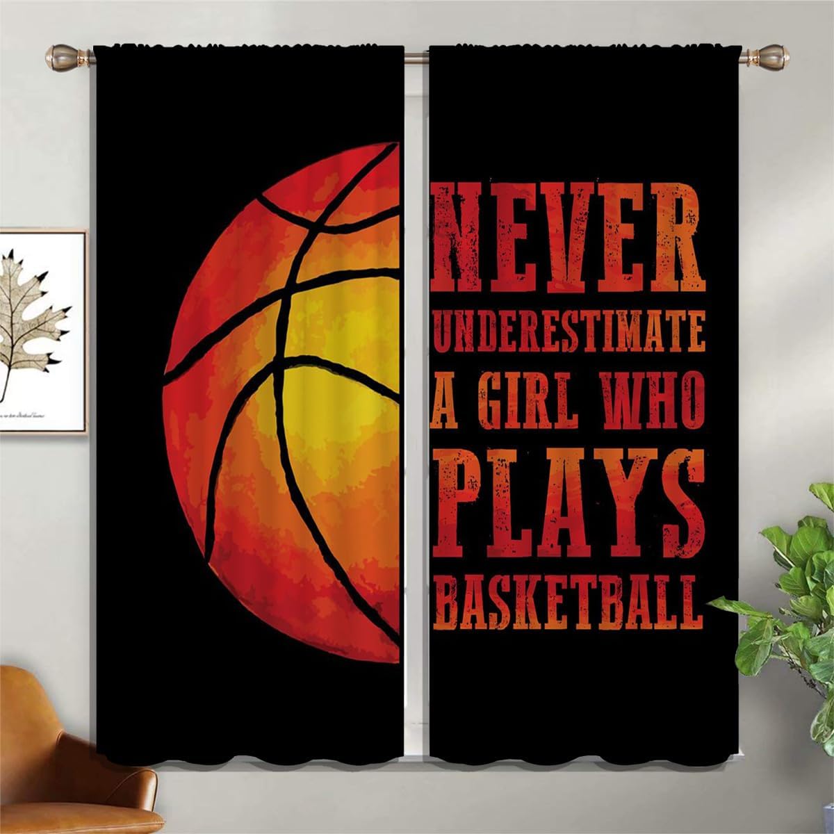 Red Basketball Blackout Curtains for Boy Girl Room Darkening Decor,Sport Theme and Motto Dark Background Bedroom Living Room Home Rod Pocket Thermal Insulated Window Curtain/Drapes Panel,84x72 Inch…