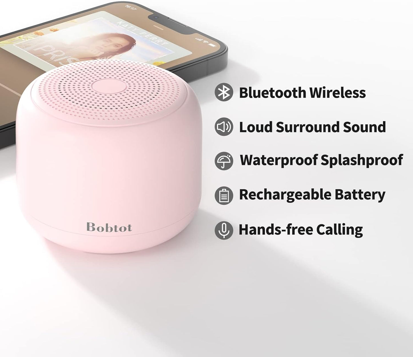 Bobtot Portable Bluetooth Speakers with Strap Easy to Carry, Wireless IPX5 Waterproof Mini Speaker with Loud Stereo Sound, 20 Hours Playtime, Rechargeable Battery, Built-in Microphone, Pink