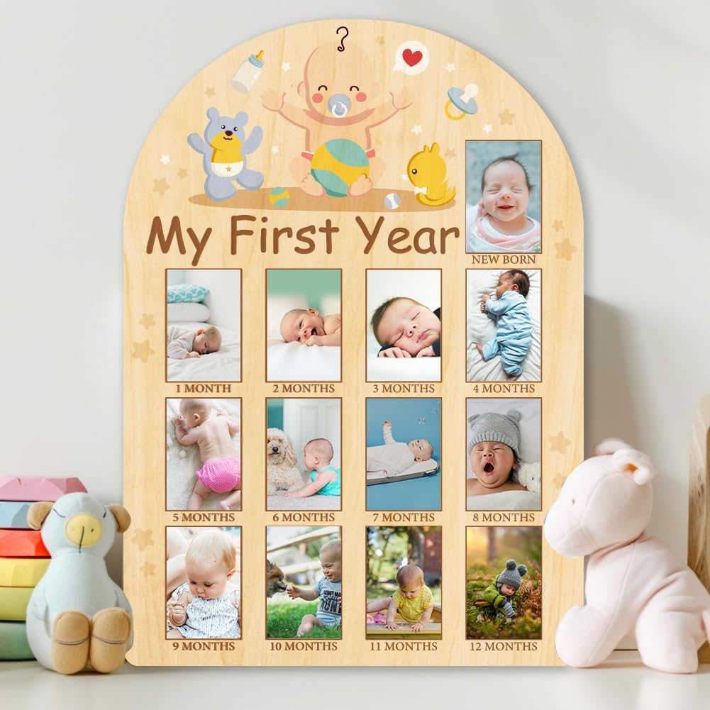 ORIGACH My First Year Baby Growth Photo Display Wood Board - 12 Months Newborn Milestones Photo Board - Neutral Baby Keepsake Frame 1st Birthday Party Nursery Decor New Mom Gift - Baby Bear & Duck