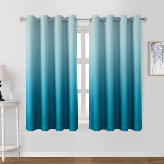 HOMEIDEAS Turquoise Ombre Blackout Curtains 52 X 63 Inch Length Gradient Room Darkening Thermal Insulated Energy Saving Grommet 2 Panels Window Drapes for Living Room, Bedroom