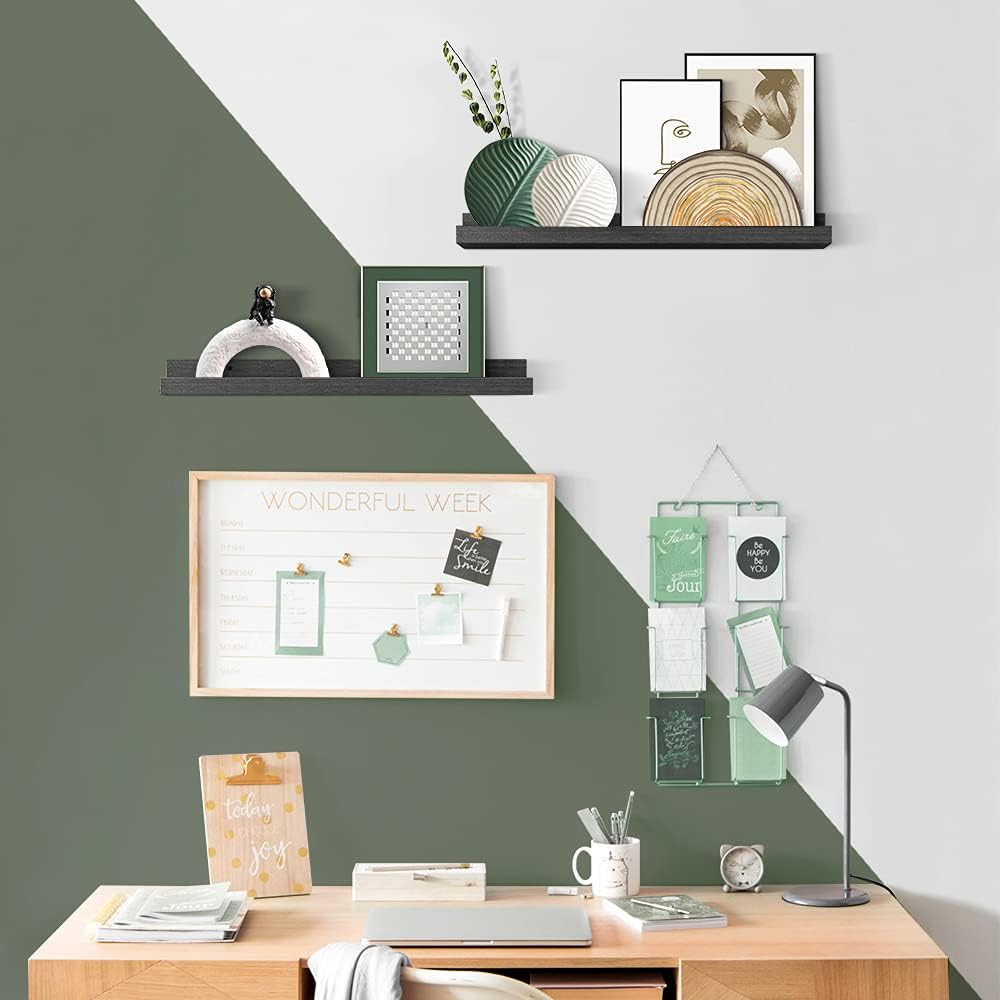 Forbena 24 Inch Long Picture Ledge Shelf Set of 4, Black Wood Floating Shelves for Wall with Lip, Rustic Display Shelves for Living Room Hallway Bedroom Office Photo Frames Bathroom Nail Polish