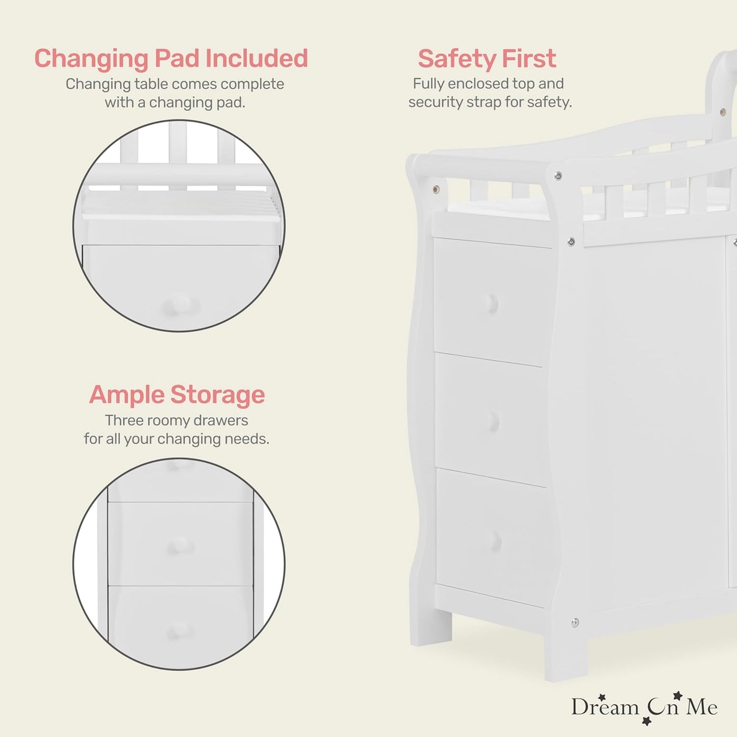 Dream On Me Casco 3-in-1 Mini Convertible Baby Crib & Changer with Storage in White, Pinewood, GreenGuard Gold & JPMA, 1” Mattress Pad, 3 Mattress Heights, Converts to Mini Day & Twin-Size Bed