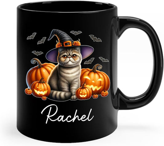 Personalized Exotic Shorthair Wearing Witch Hat Ceramic Cup, Exotic Shorthair Coffee Mugs Gift for Halloween, Custom Name Pet Cat with Pumpkins Halloween Cup, Cat Owner Black Mug 11oz 15oz