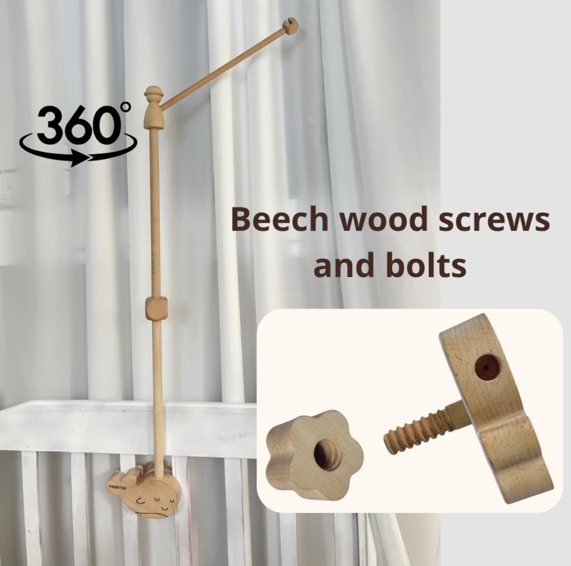 Wooden Baby Crib Mobile Arm, 31 Inch, Solid Beech Wood, 360° Rotatable, Whale Design, Adjustable, Anti-Slip, Mobile Hanger for Crib, Nursery Decor for Boys & Girls, Gift Accessories