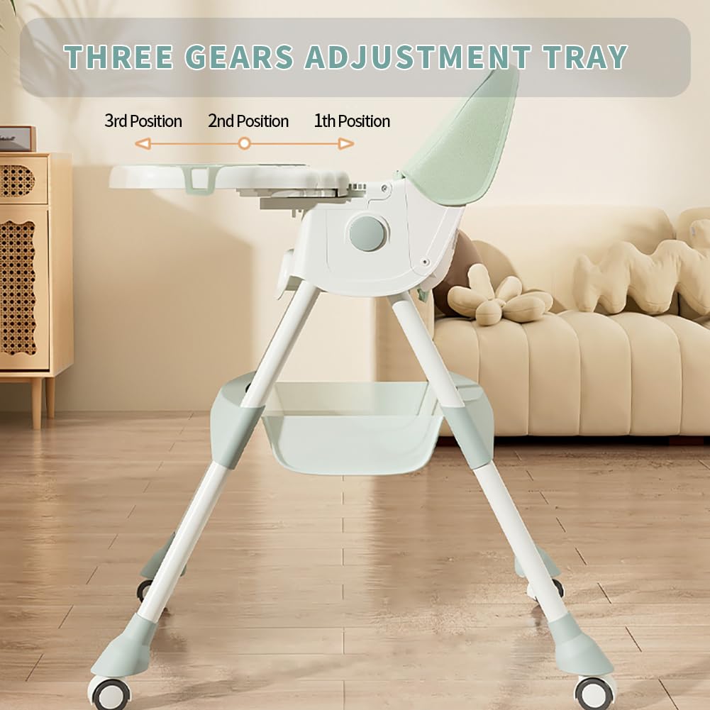 High Chairs for Babies and Toddlers, 4 in 1 Convertible Baby High Chair, Portable High Chair for Travel with Adjustable Height and Back, Foldable HighChair with Wheels& Pu Cushion (Green)