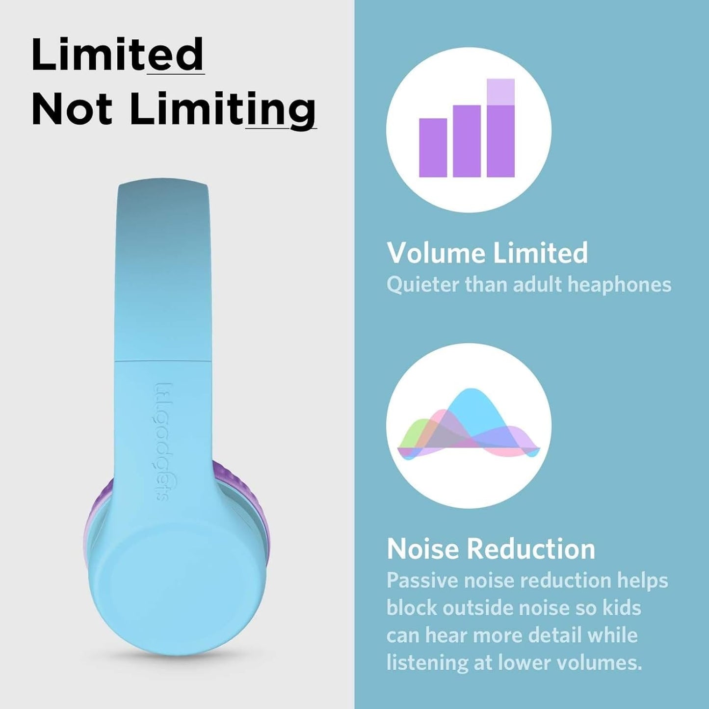 LilGadgets Connect+ Wired Kids Headphones for School with Mic, Volume Limited & Noise Reduction, On-Ear Headset with Cord, SharePort Technology for Multiple Kids & SoftTouch Padding, Blue/Purple